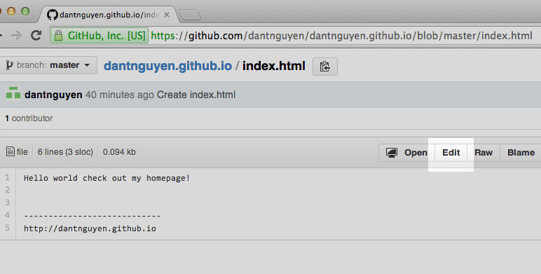 Edit index.html via the Github file editor